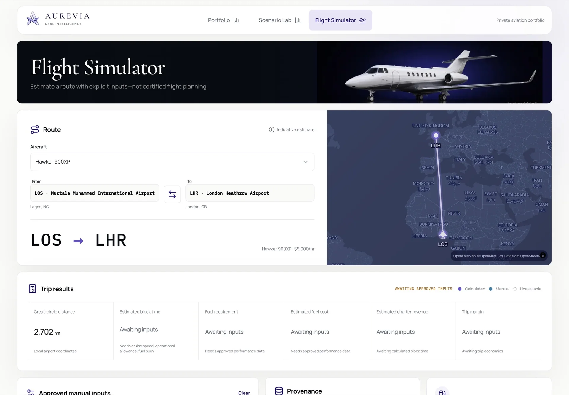 Flight Simulator showing a great-circle route between two airports on a map