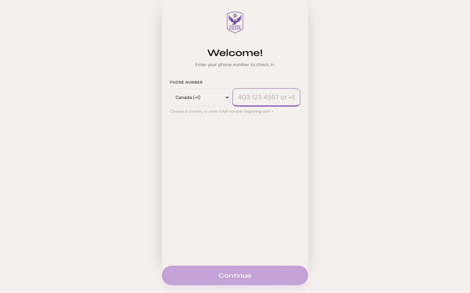 Member check-in screen with phone number entry