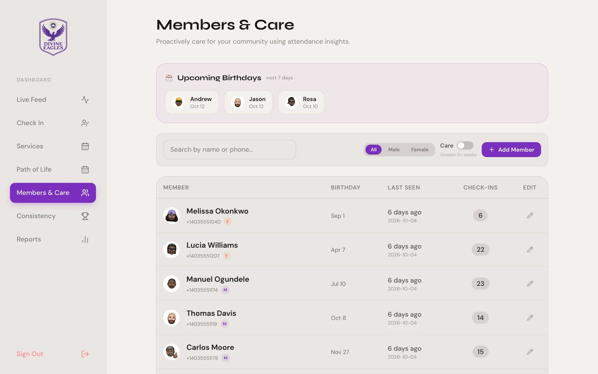 Members list with last-seen dates and follow-up flags