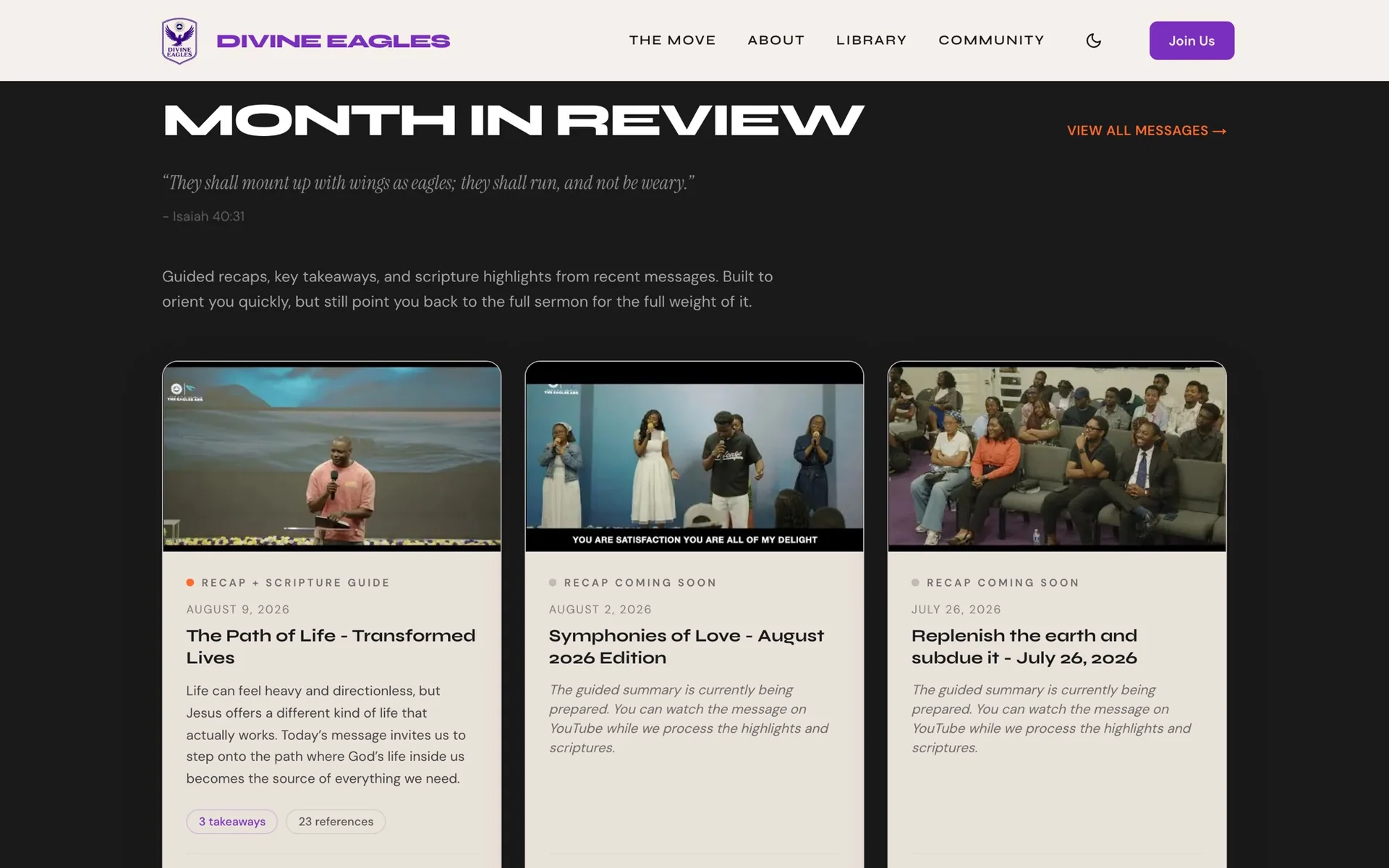 Month in Review page with an AI-written sermon recap, themes and scripture references