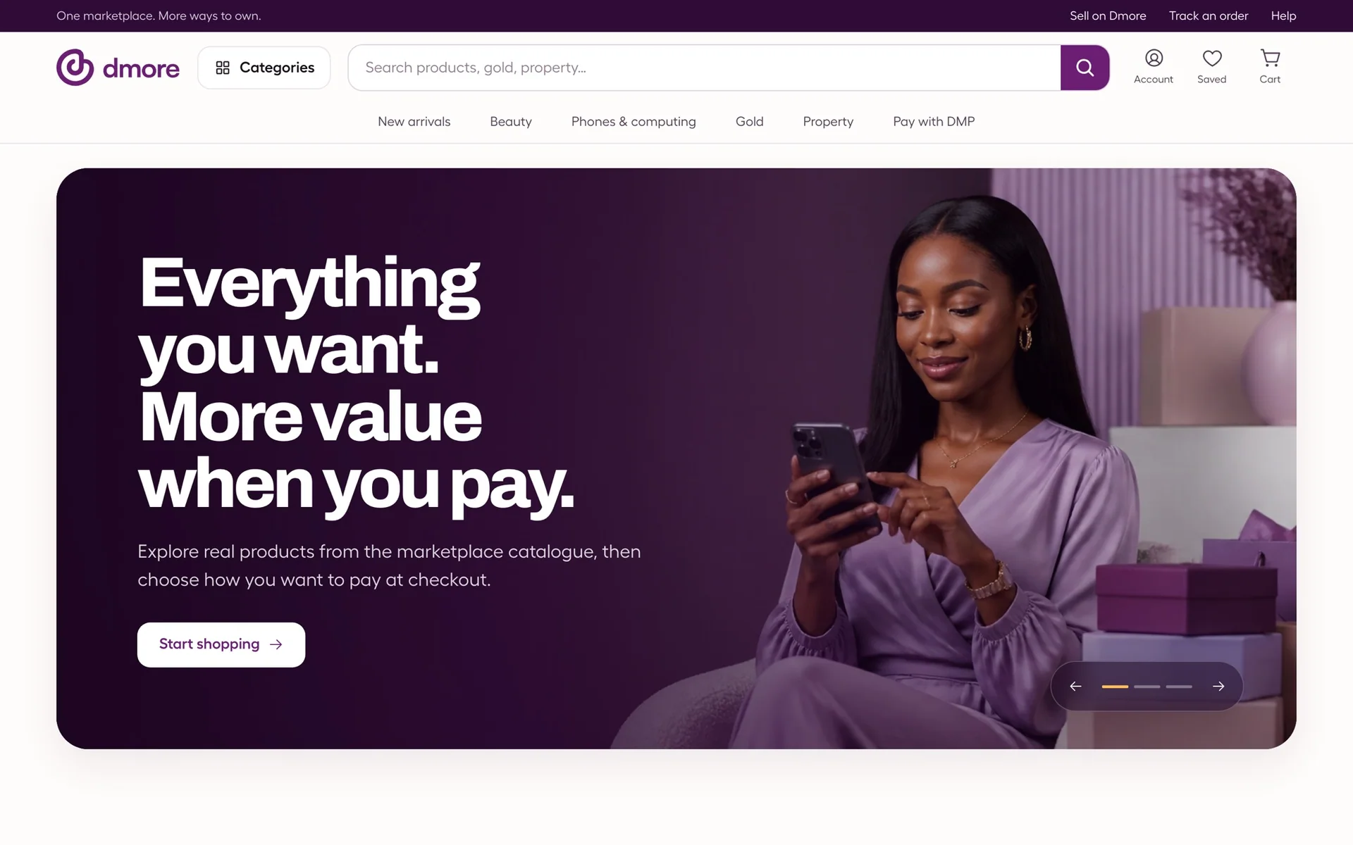 Dmore marketplace homepage with a promotional carousel and category navigation