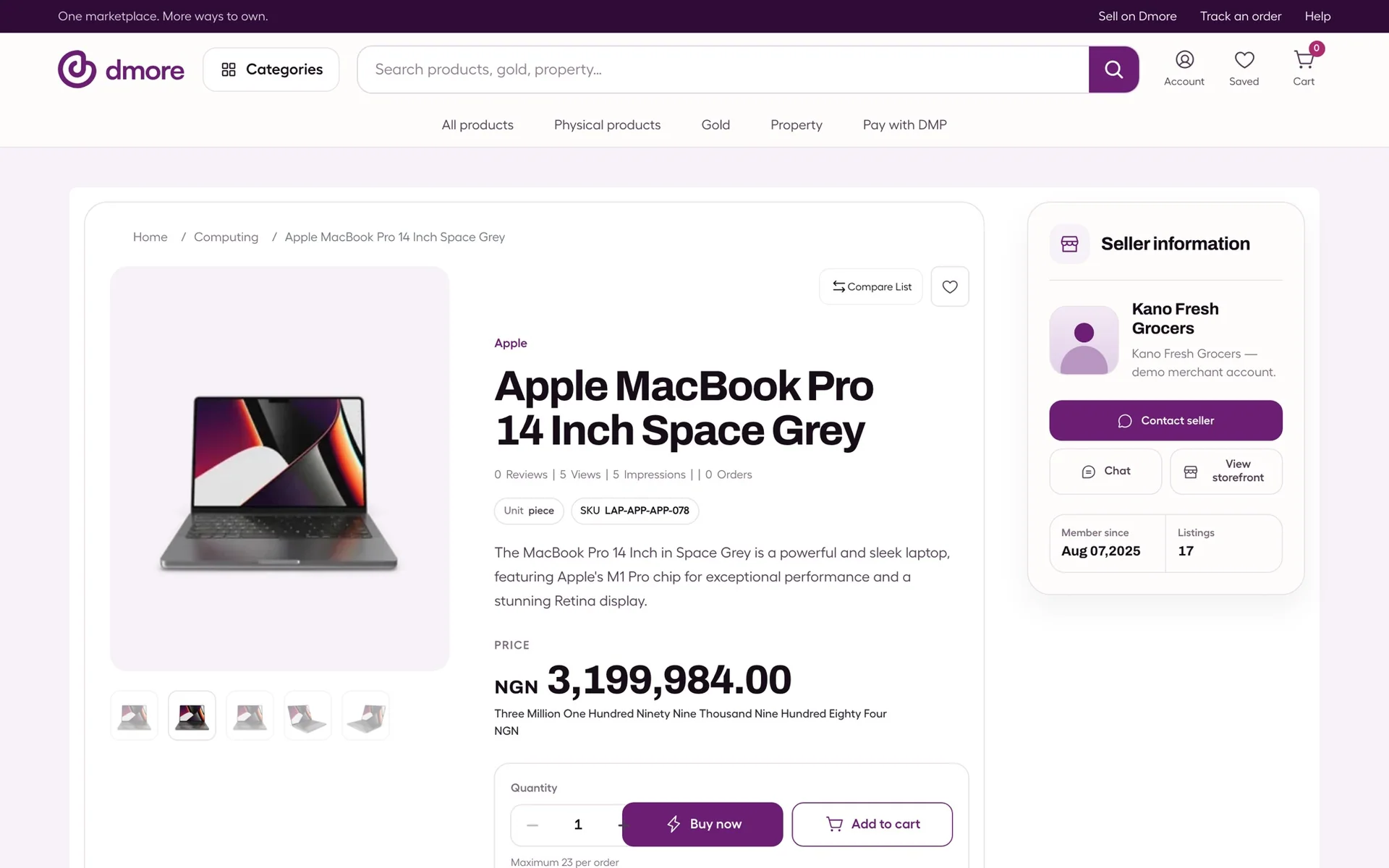 Dmore product page showing a laptop listing with price, delivery and wallet checkout options