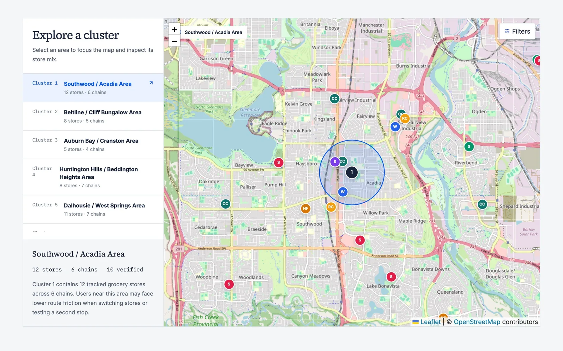 Map of 107 tracked Calgary grocery stores with store clusters highlighted