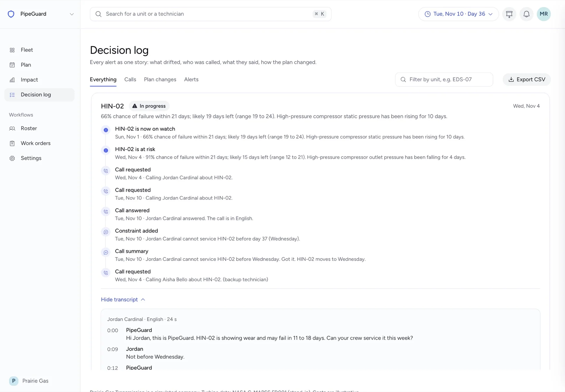PipeGuard decision log showing the call, its transcript and the resulting plan change