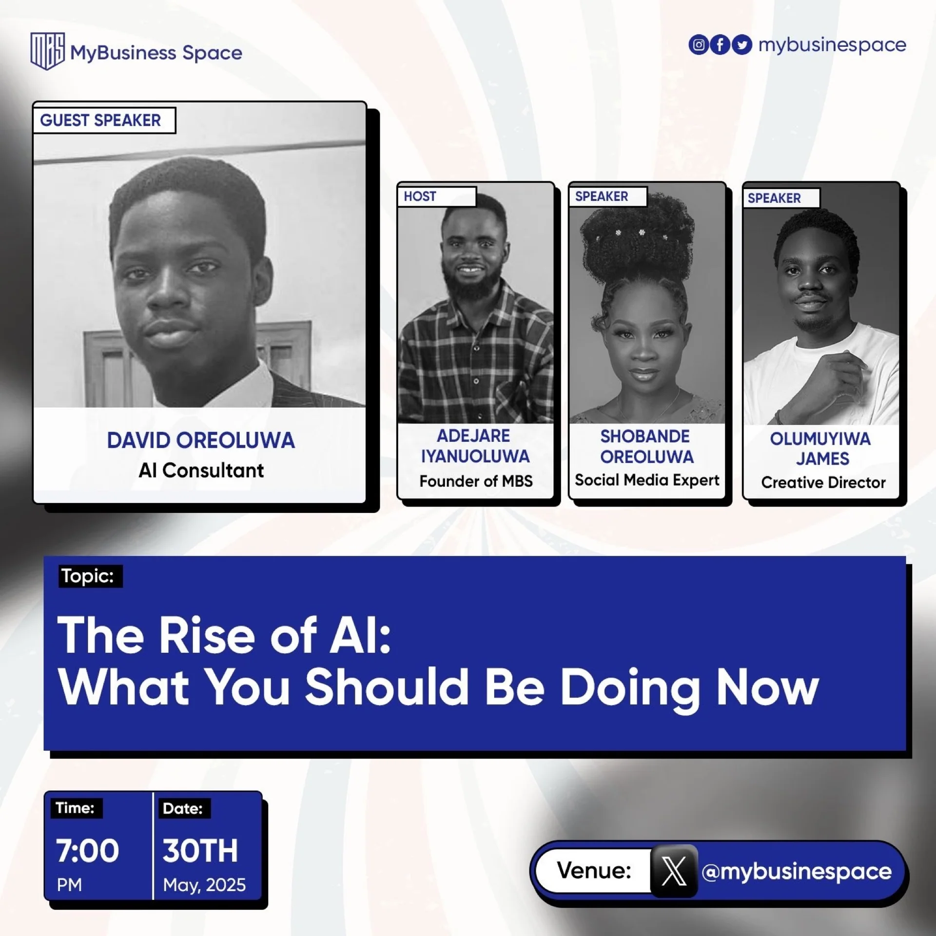 Flier for The Rise of AI, a live conversation on X hosted by MyBusiness Space
